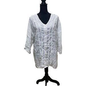 Valerie Stevens Casual Woman Ruffle, Long Sleeve Linen Size 1X Top